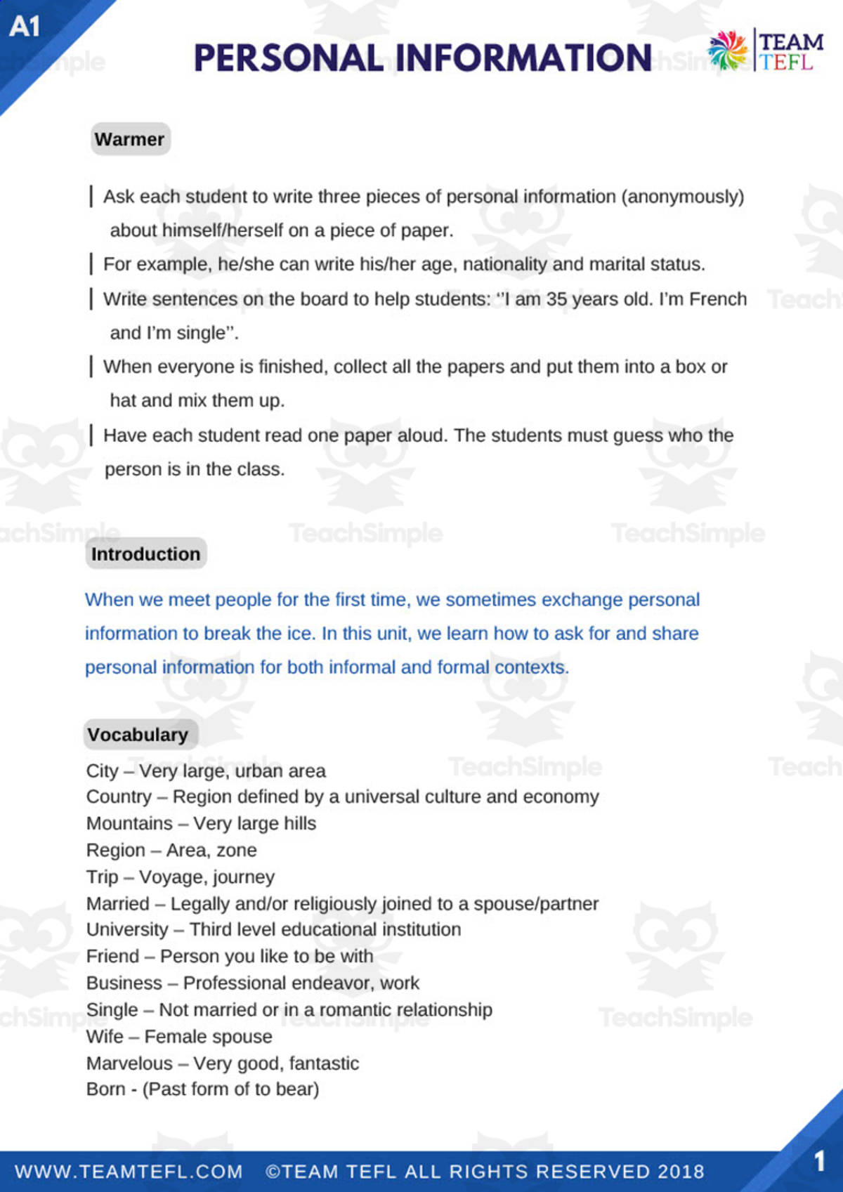 An educational teaching resource from TEAM TEFL entitled Personal Information | Beginner Lesson Plan downloadable at Teach Simple.
