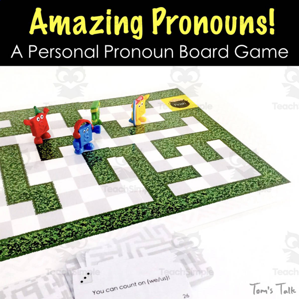An educational teaching resource from Tom's Talk entitled Personal Pronoun Board Game Incl. 200 Flash Cards, 10 Worksheets, and MORE! downloadable at Teach Simple.
