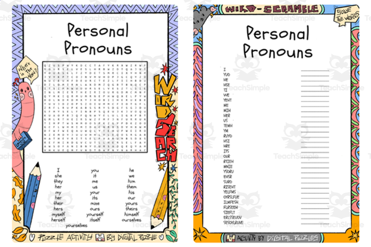 An educational teaching resource from Lapiiin Art Activities entitled Personal Pronouns word search & scramble downloadable at Teach Simple.