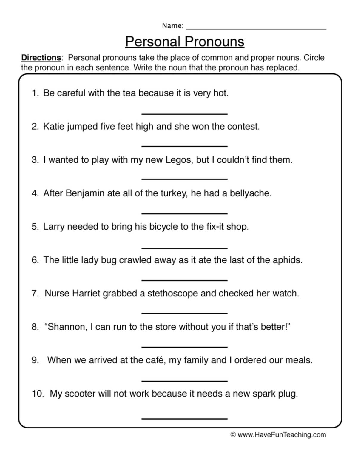 An educational teaching resource from Have Fun Teaching entitled Personal Pronouns Worksheet downloadable at Teach Simple.