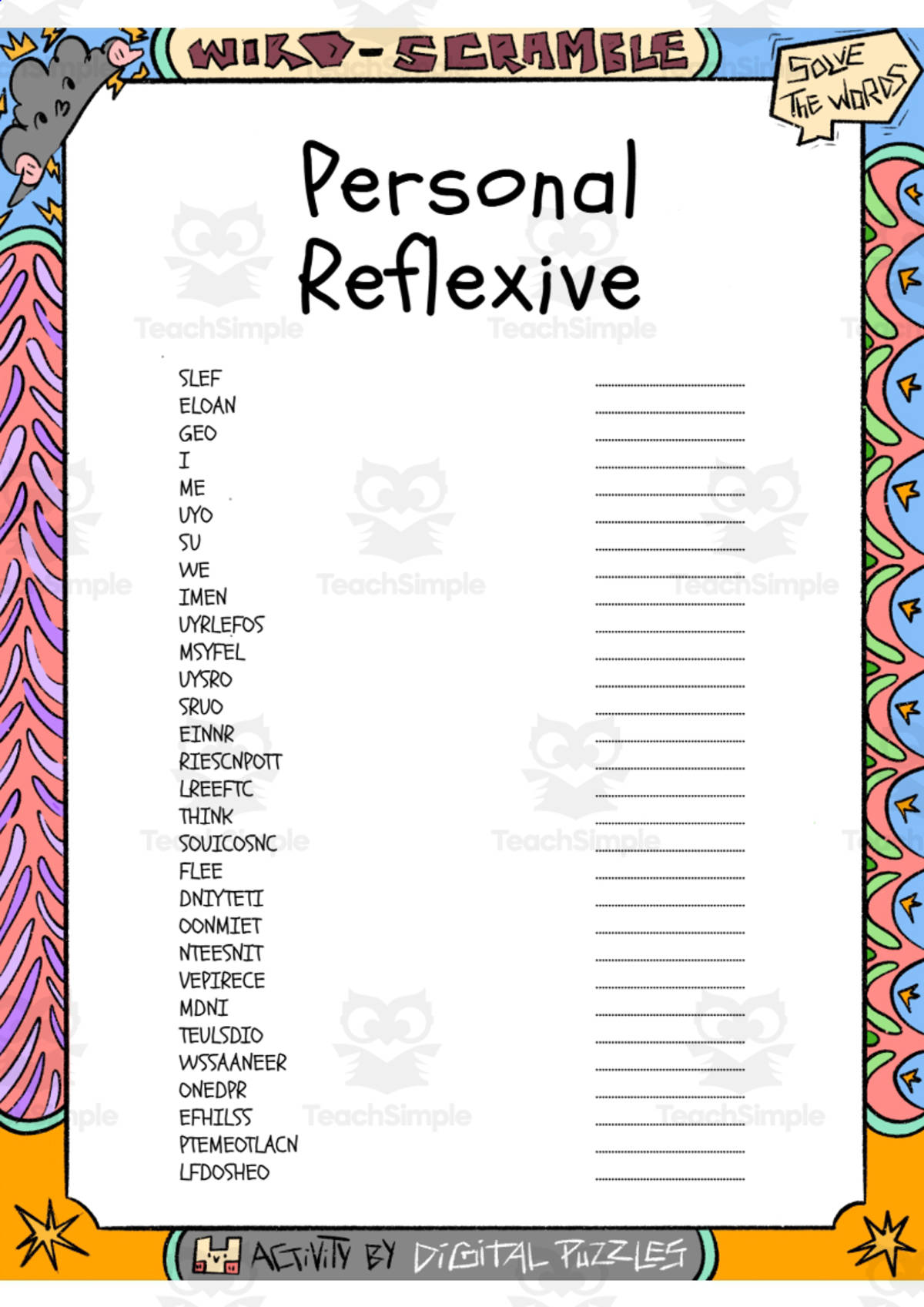 An educational teaching resource from Lapiiin Art Activities entitled Personal Reflexive word Scramble puzzle worksheet downloadable at Teach Simple.