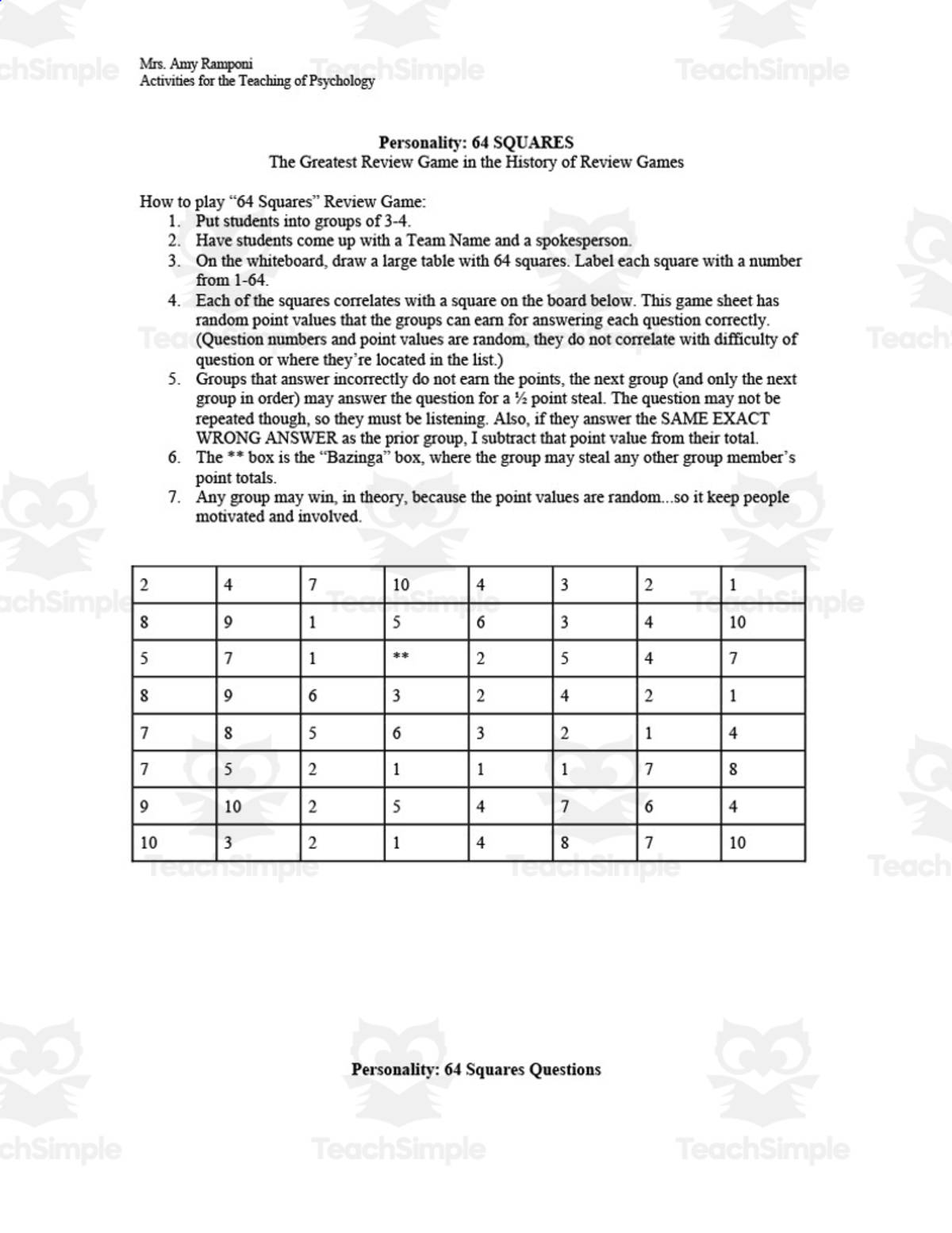 An educational teaching resource from Skinner's Box entitled Personality: 64 SQUARES | Psychology Review Game downloadable at Teach Simple.