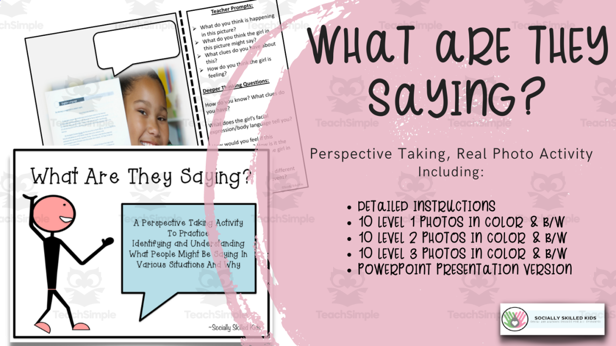 An educational teaching resource from Socially Skilled Kids entitled Perspective Taking Activity with Real Photos | What Are They Saying? downloadable at Teach Simple.