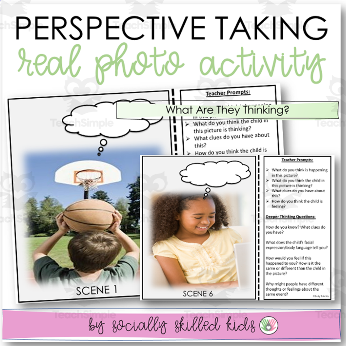 An educational teaching resource from Socially Skilled Kids entitled What Are They Thinking? – Perspective-Taking Cards downloadable at Teach Simple.