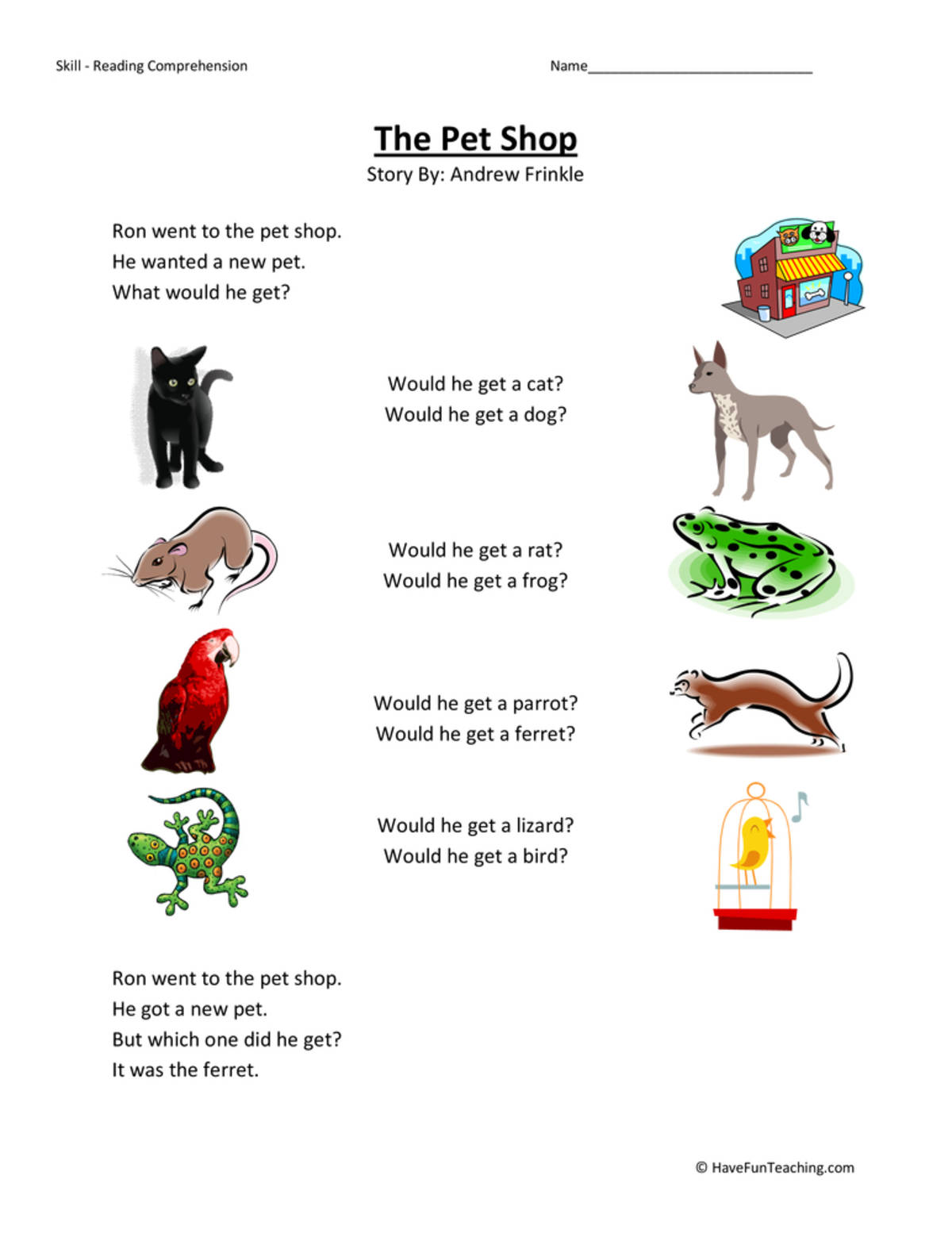 An educational teaching resource from Have Fun Teaching entitled Pet Shop Reading Comprehension Worksheet downloadable at Teach Simple.