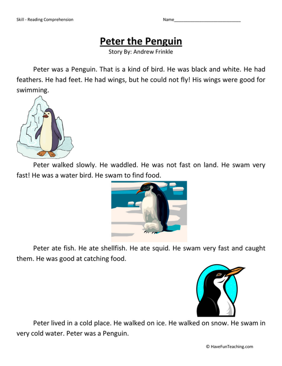 An educational teaching resource from Have Fun Teaching entitled Peter the Penguin Reading Comprehension Worksheet downloadable at Teach Simple.