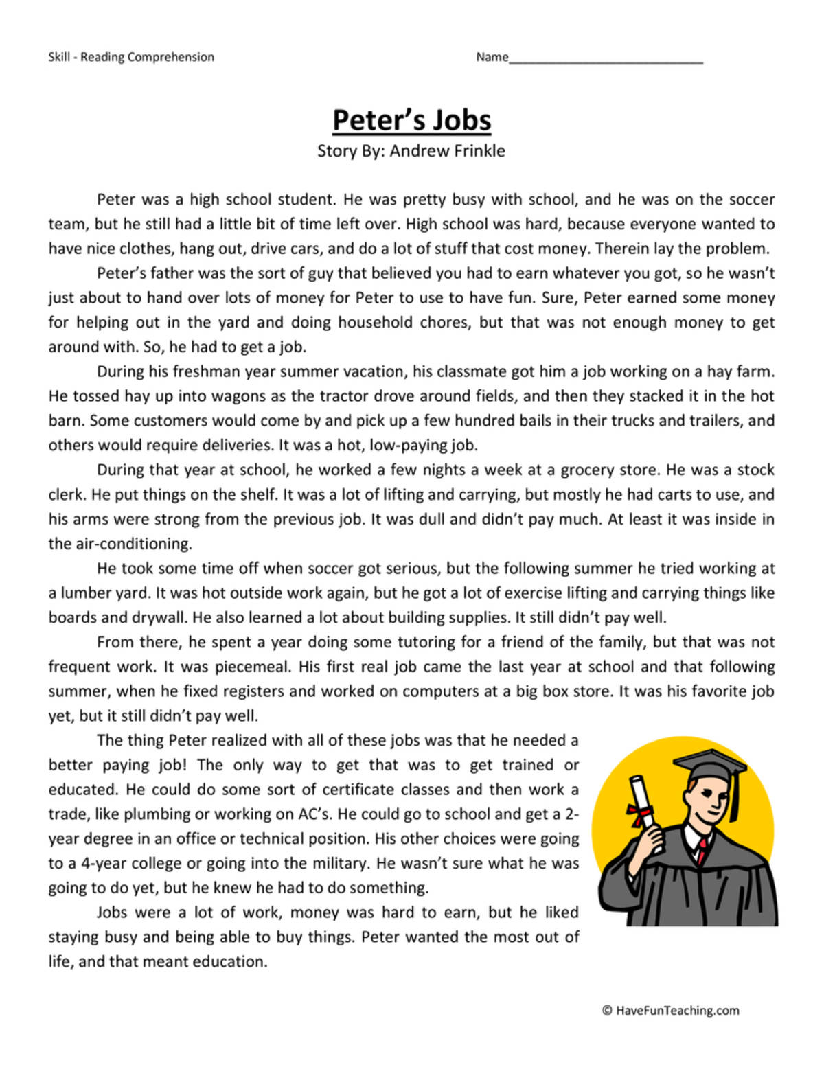 An educational teaching resource from Have Fun Teaching entitled Peter's Jobs Reading Comprehension Worksheet downloadable at Teach Simple.