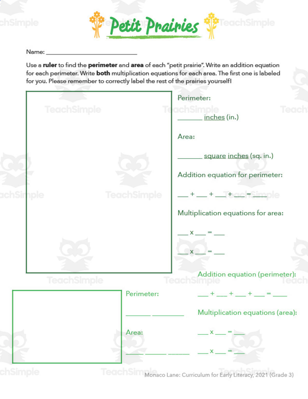 An educational teaching resource from Monaco Lane Curriculum for Early Literacy entitled Petit Prairies Math Worksheet downloadable at Teach Simple.