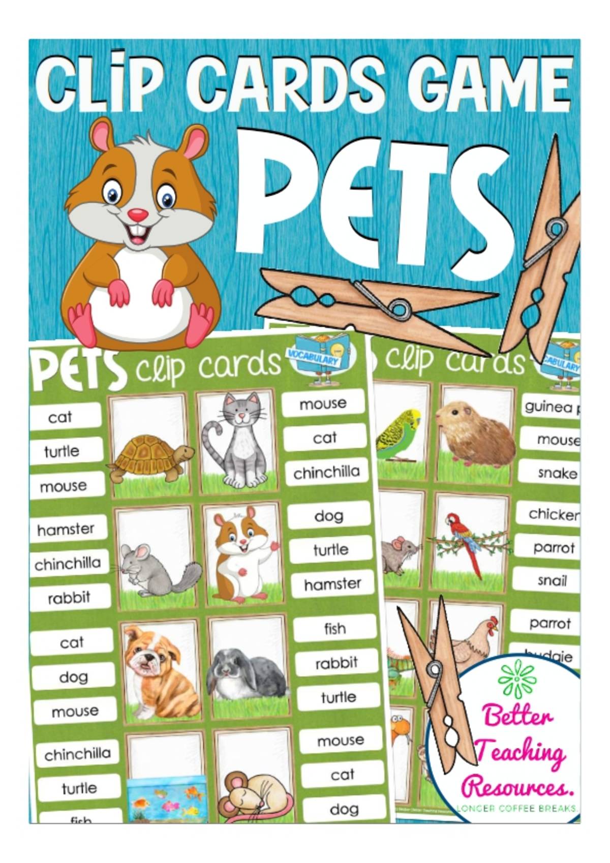 An educational teaching resource from Better Teaching Resources entitled Pets Clip Cards - Spelling & Vocabulary downloadable at Teach Simple.