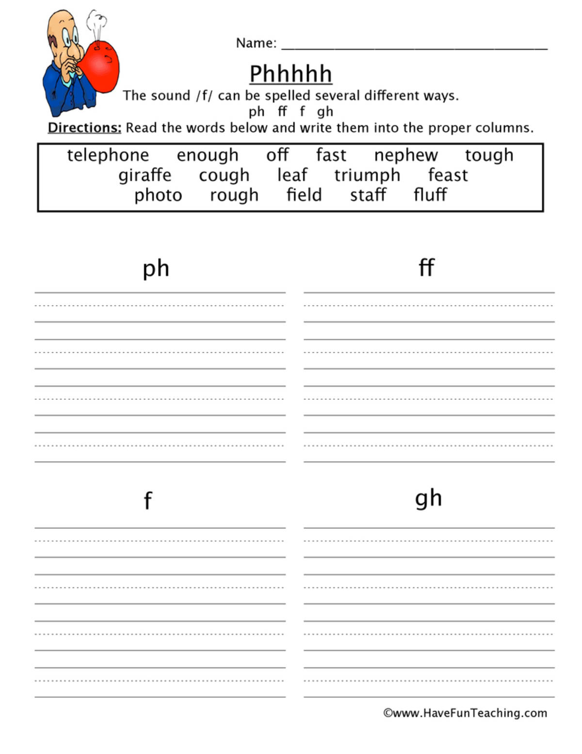 An educational teaching resource from Have Fun Teaching entitled PH FF F GH Worksheet downloadable at Teach Simple.