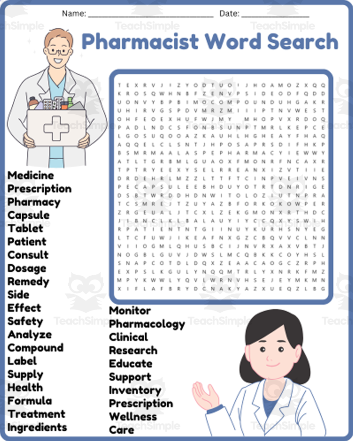 An educational teaching resource from space shope entitled Pharmacist Word Search Puzzle Worksheet Activities (7th, 8th, 9th downloadable at Teach Simple.