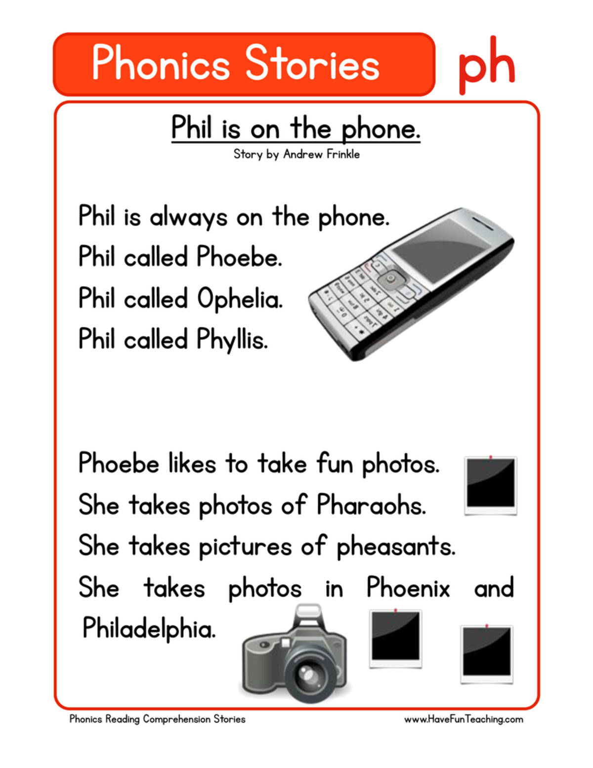 An educational teaching resource from Have Fun Teaching entitled Phil is on the Phone PH Phonics Stories Reading Comprehension Worksheet downloadable at Teach Simple.