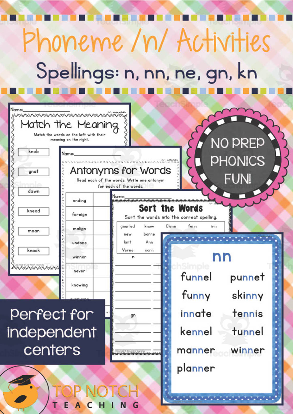 An educational teaching resource from Top Notch Teaching entitled Phoneme /n/ Activity Packet downloadable at Teach Simple.