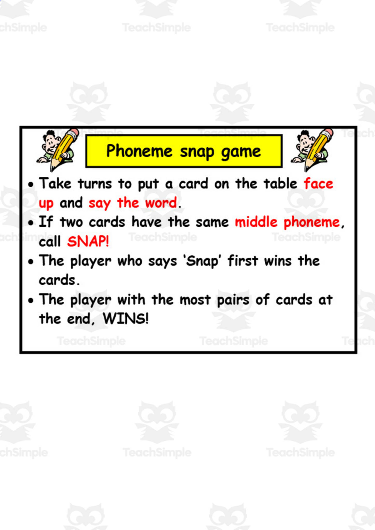 An educational teaching resource from Elementary Resources 4 U entitled Phoneme Snap Card Game downloadable at Teach Simple.