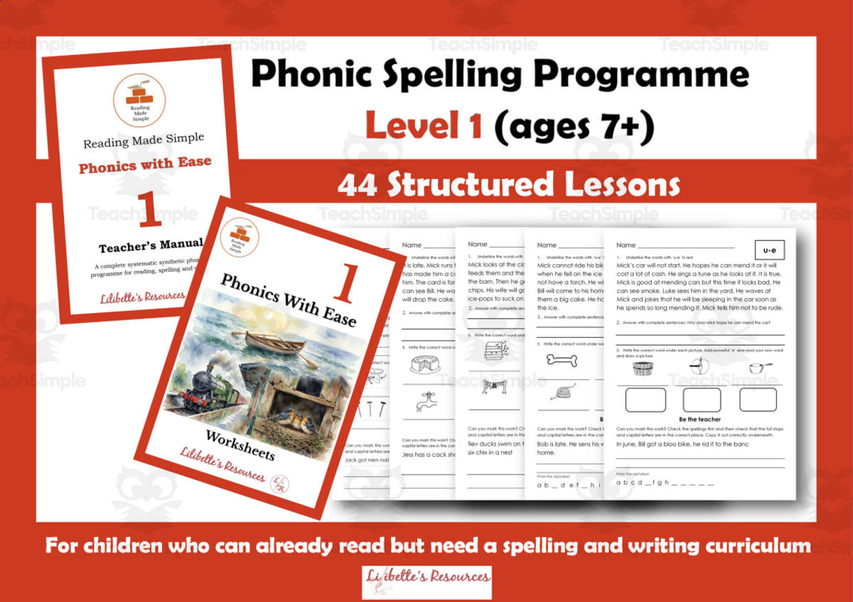 An educational teaching resource from Lilibette's Resources entitled Phonic Spelling Programme Level 1 Ages 7+ downloadable at Teach Simple.