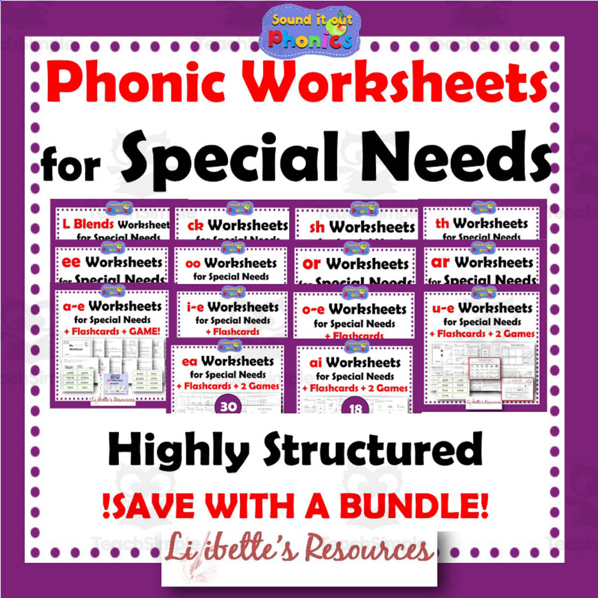 An educational teaching resource from Lilibette's Resources entitled Phonic Worksheets for Early Years/Intervention - Growing Bundle downloadable at Teach Simple.