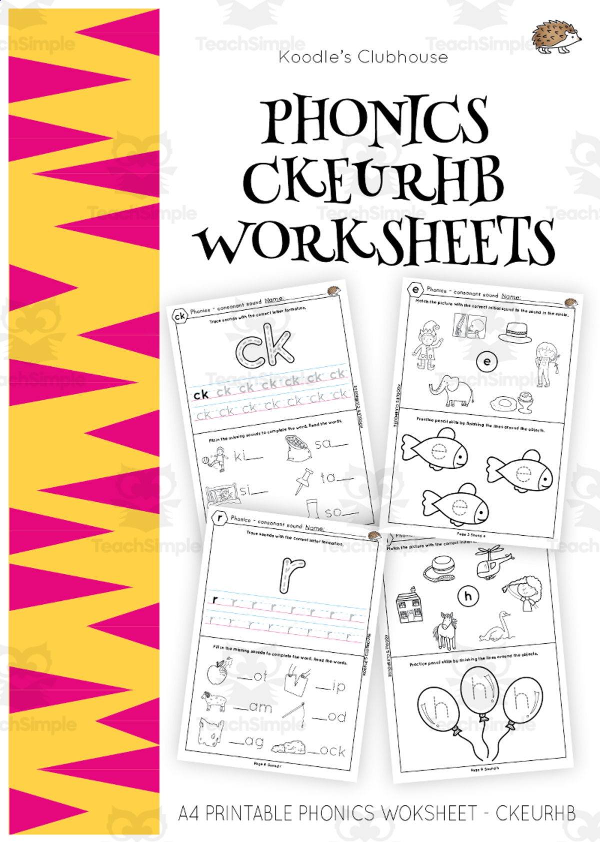 An educational teaching resource from Koodles Clubhouse entitled Phonics CKEURHB worksheets downloadable at Teach Simple.