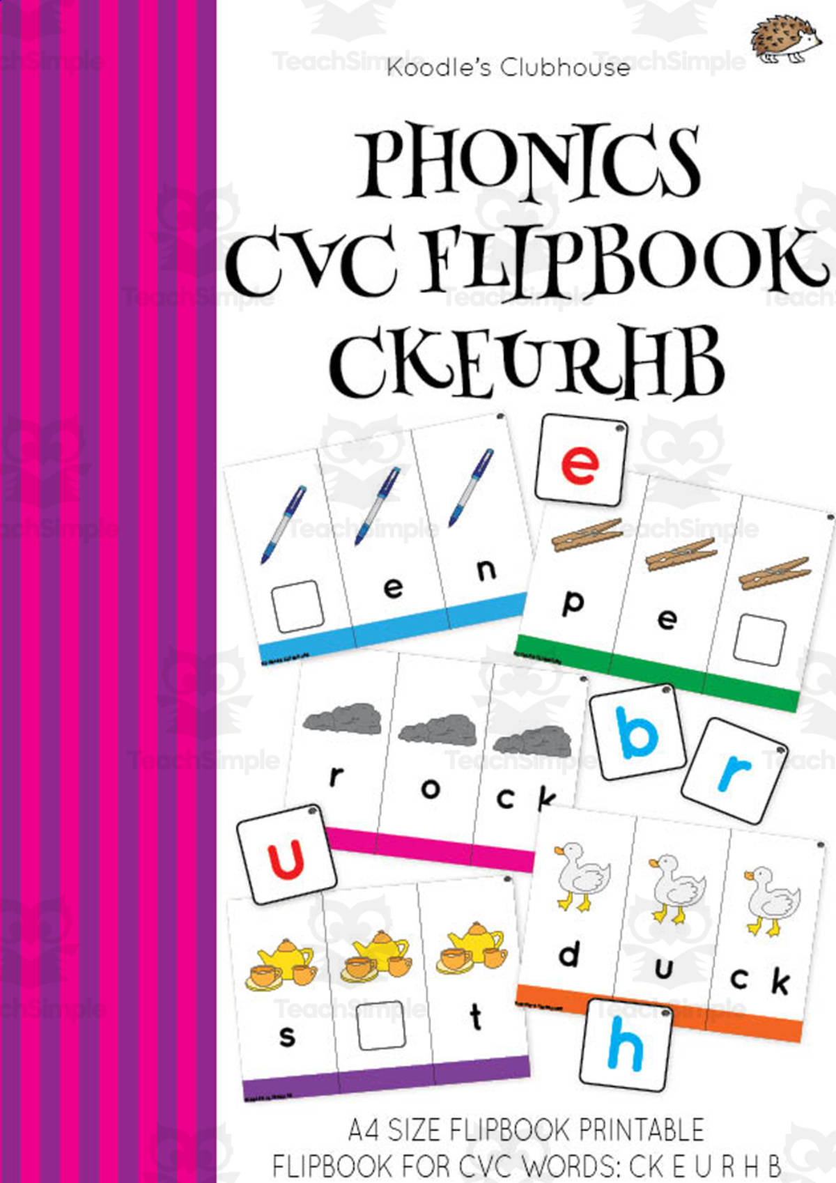 An educational teaching resource from Koodles Clubhouse entitled Phonics CVC Flipbook CKEURHB downloadable at Teach Simple.