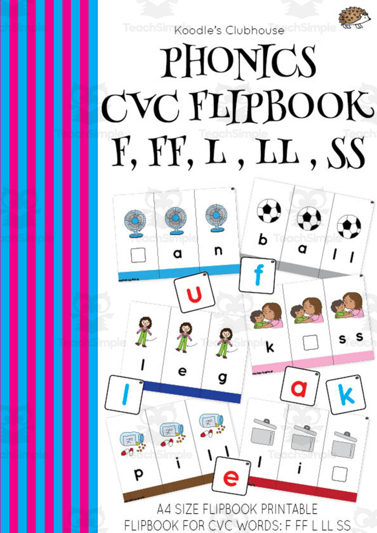 An educational teaching resource from Koodles Clubhouse entitled Phonics CVC flipbook F, FF, L, LL, SS downloadable at Teach Simple.
