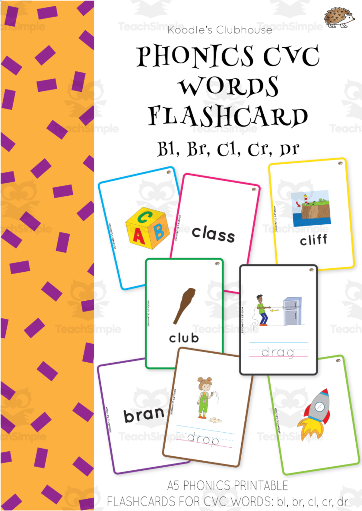 An educational teaching resource from Koodles Clubhouse entitled Phonics CVC Words Flashcard BL, BR, CL, CR, DR downloadable at Teach Simple.
