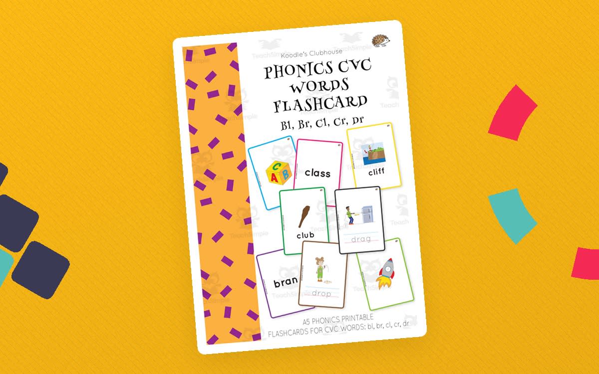 An educational teaching resource from Koodles Clubhouse entitled Phonics CVC Words Flashcard BL, BR, CL, CR, DR downloadable at Teach Simple.