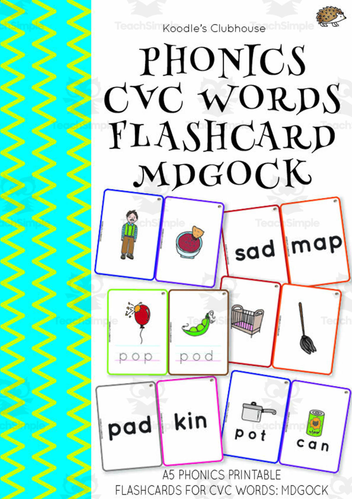 An educational teaching resource from Koodles Clubhouse entitled Phonics CVC Words Flashcard MDGOCK downloadable at Teach Simple.