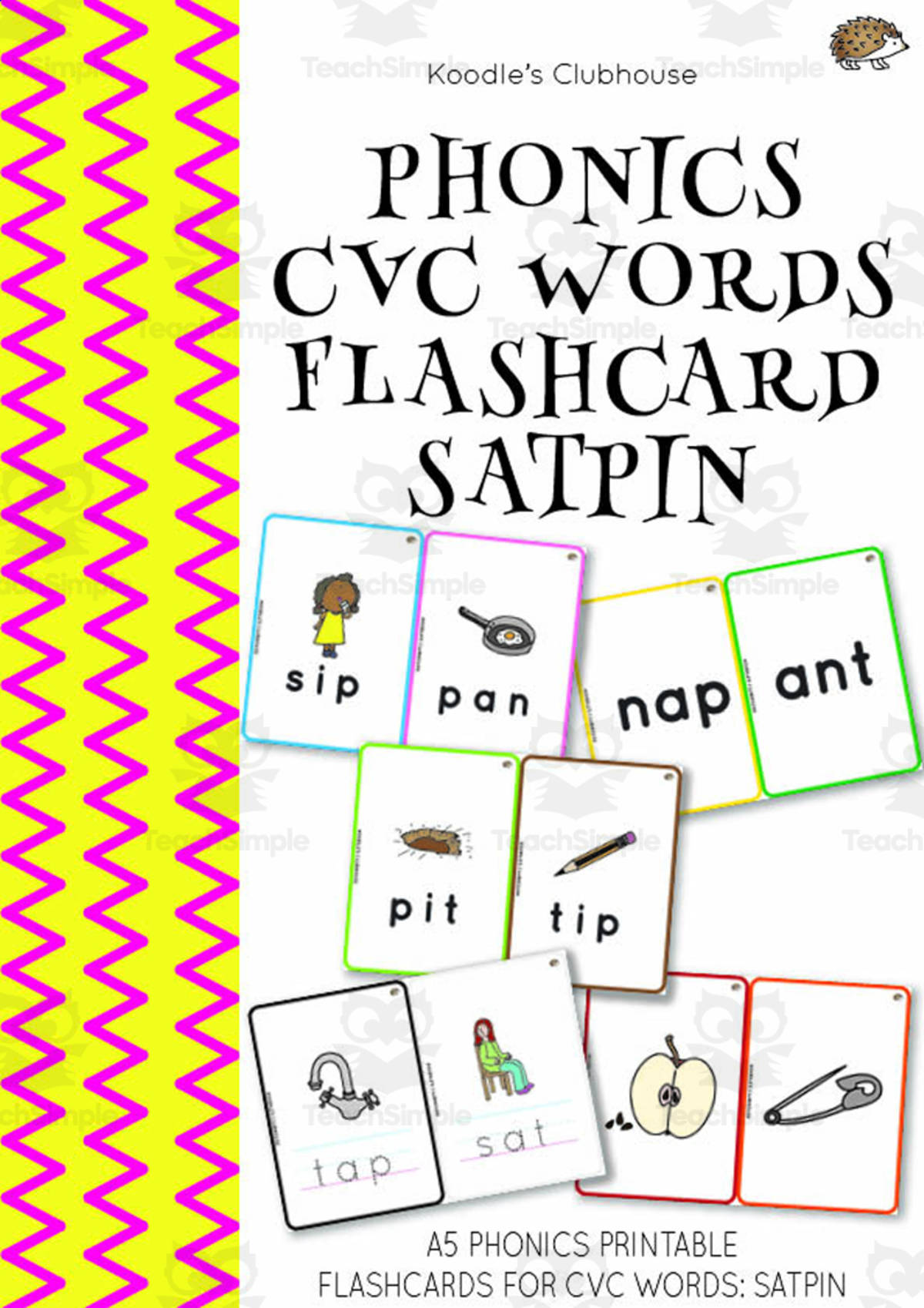 An educational teaching resource from Koodles Clubhouse entitled Phonics CVC Words Flashcard SATPIN downloadable at Teach Simple.