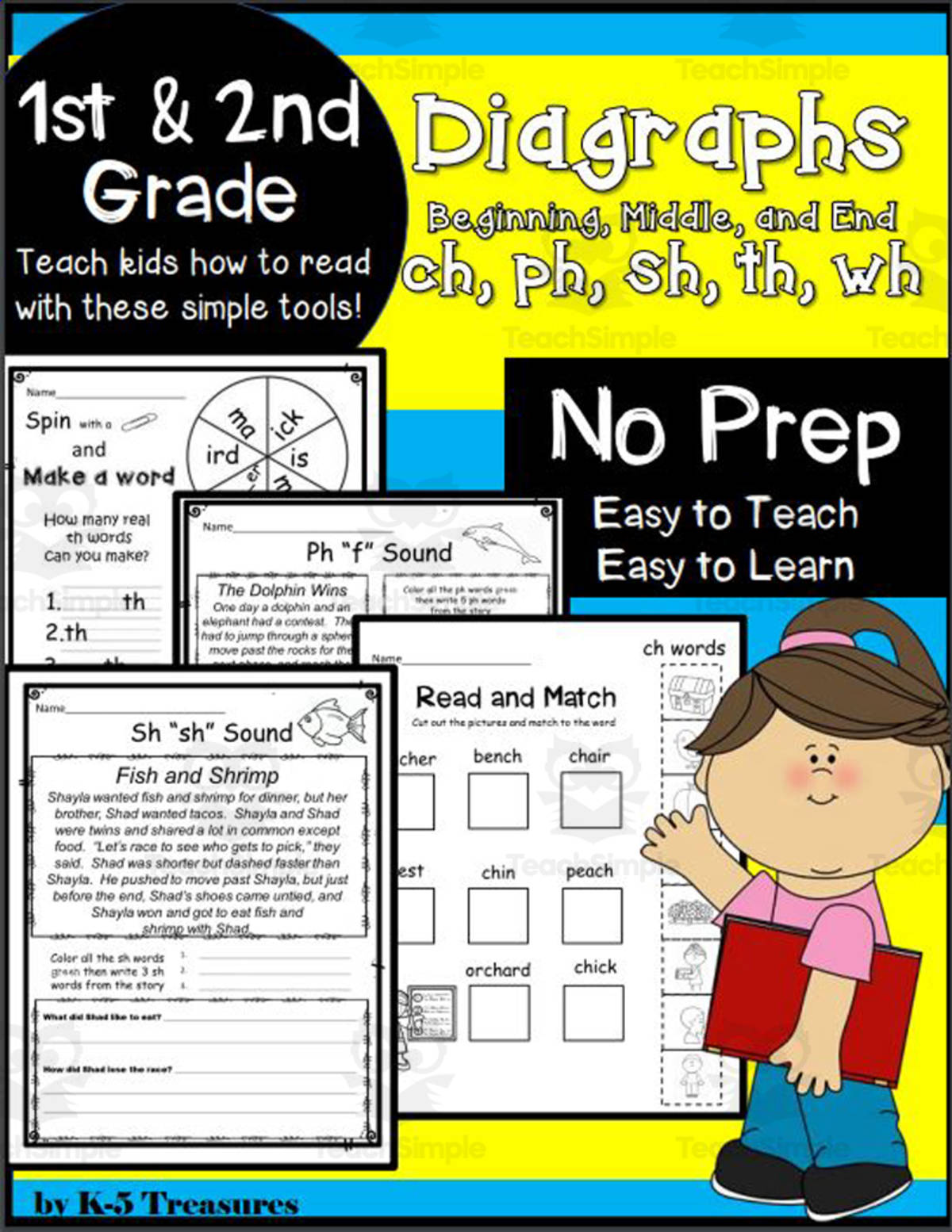 An educational teaching resource from K-5 Treasures entitled Phonics / Digraphs for 1st and 2nd Grade: Beginning, Middle, and Ending Sounds downloadable at Teach Simple.