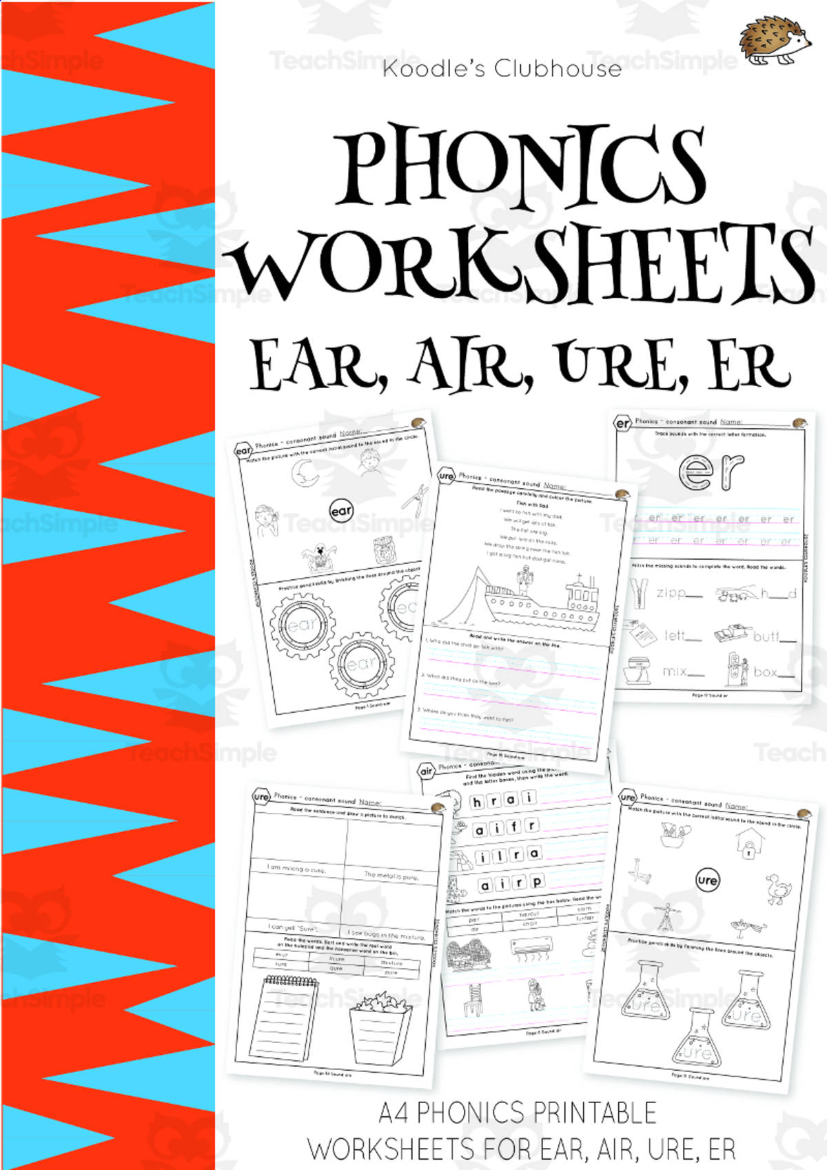 An educational teaching resource from Koodles Clubhouse entitled Phonics EAR, AIR, URE, ER Worksheets downloadable at Teach Simple.
