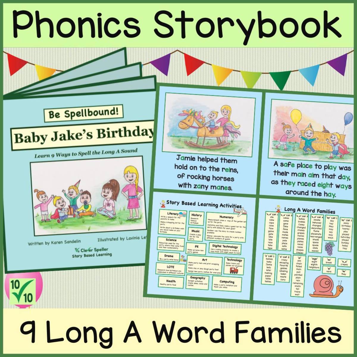 An educational teaching resource from Clever Speller entitled Phonics eBook Story for Long A Vowel Sound + Spelling Activities and downloadable at Teach Simple.