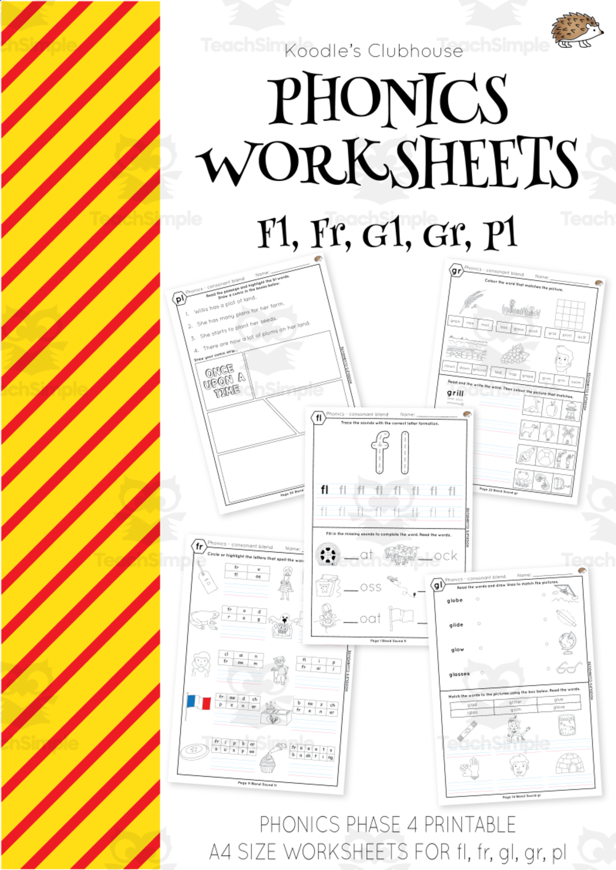 An educational teaching resource from Koodles Clubhouse entitled Phonics FL, FR, GL, GR, PL Worksheets downloadable at Teach Simple.