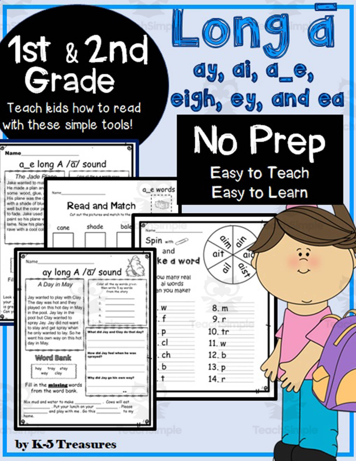 An educational teaching resource from K-5 Treasures entitled Phonics for 1st and 2nd Grade: Help Students Learn Long A Words: AY, AI, A_E, EIGH, EY, and EA downloadable at Teach Simple.