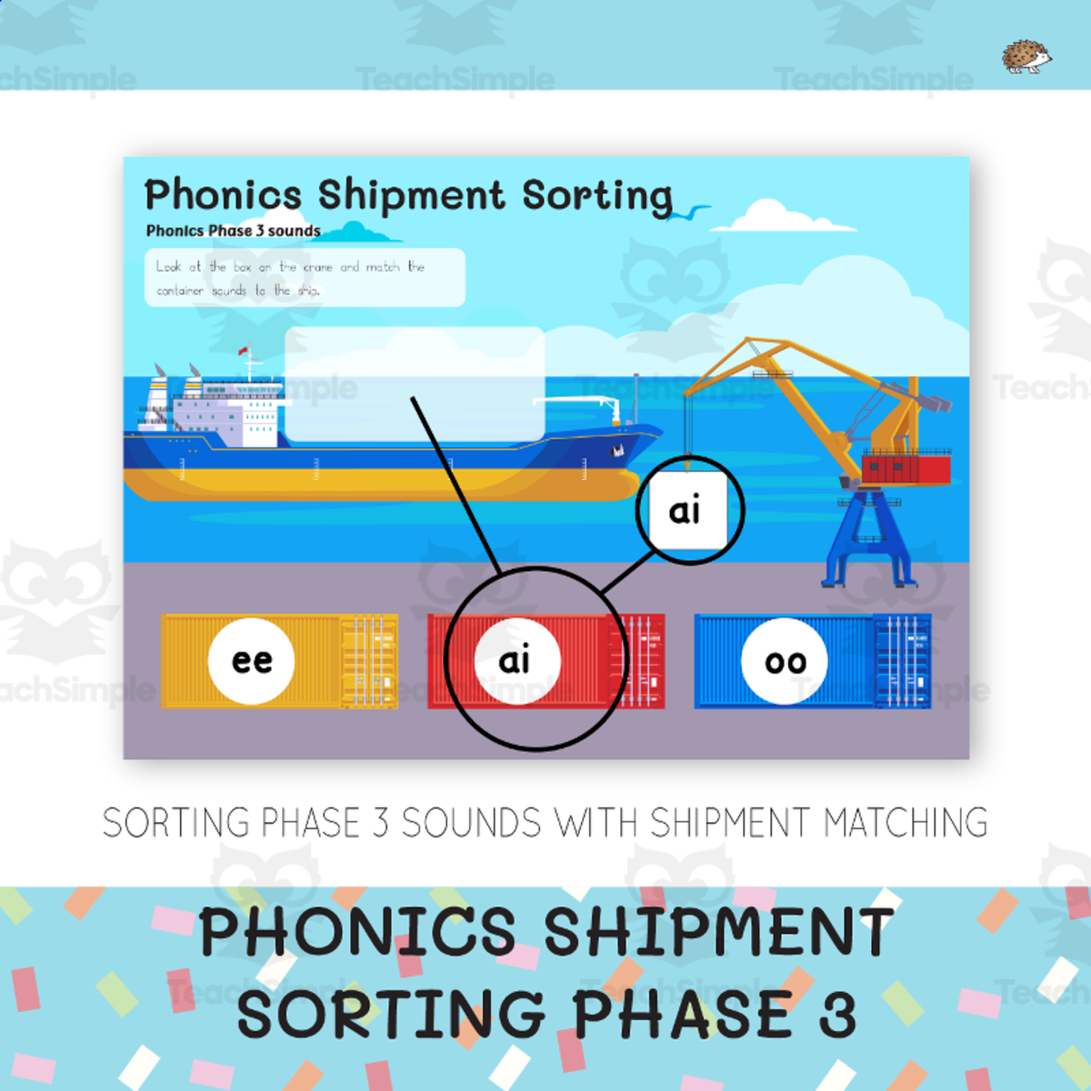 An educational teaching resource from Koodles Clubhouse entitled Phonics Phase 3 Sorting Boom Card - Boat Shipment Theme downloadable at Teach Simple.