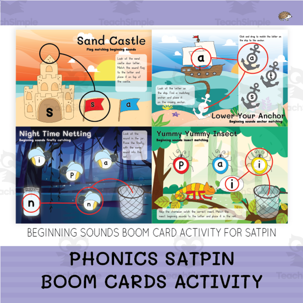 An educational teaching resource from Koodles Clubhouse entitled Phonics SATPIN Boom Card Activity downloadable at Teach Simple.