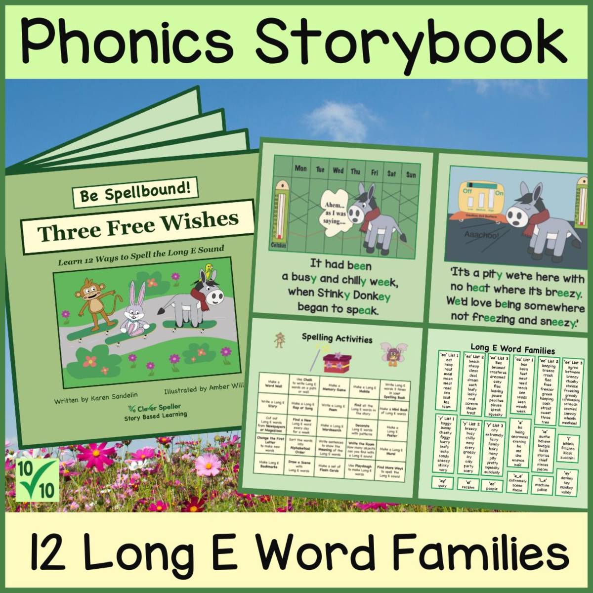 An educational teaching resource from Clever Speller entitled Phonics Story with Spelling Activities for Long E Vowel Sound downloadable at Teach Simple.