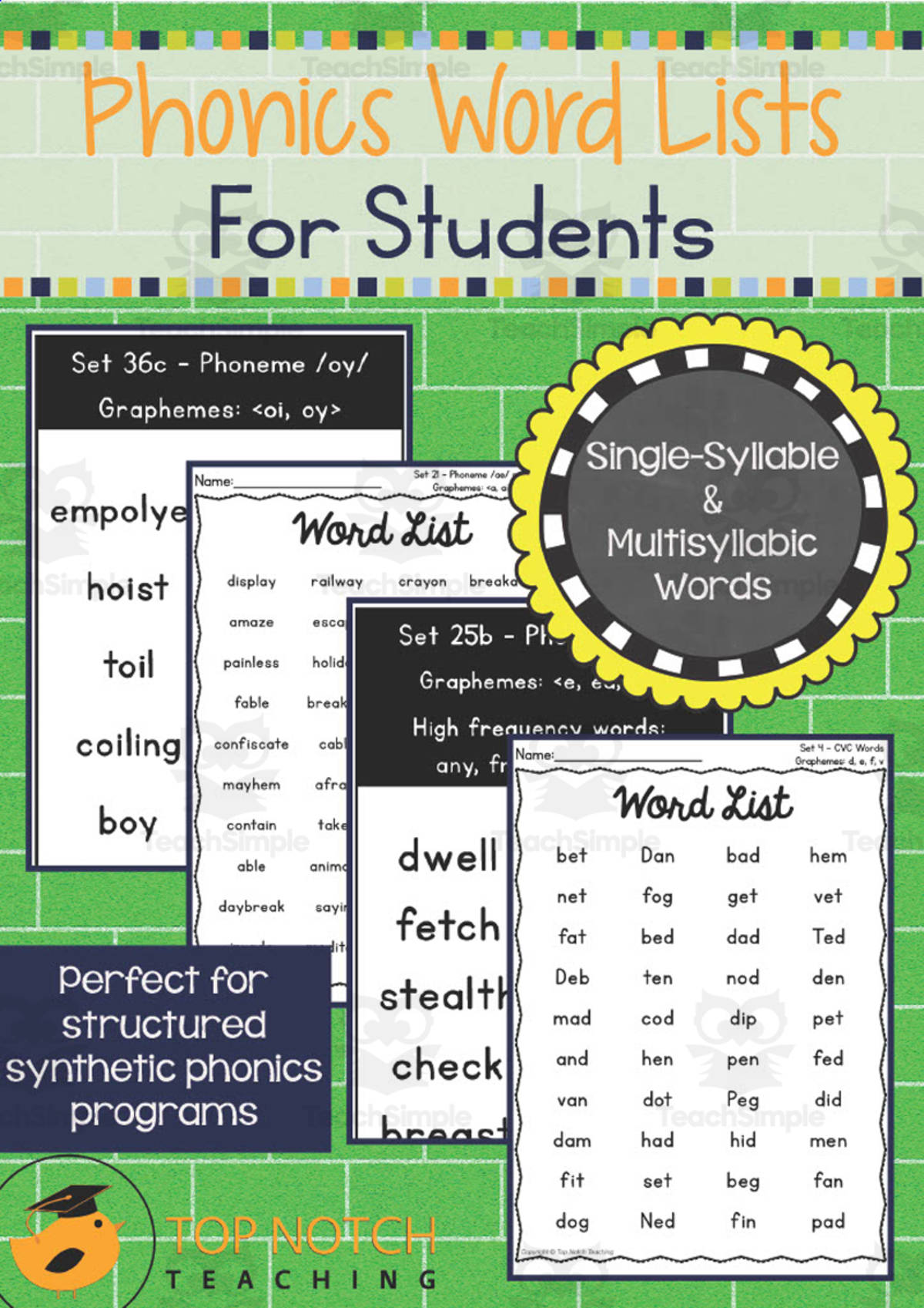 An educational teaching resource from Top Notch Teaching entitled Phonics Word Lists for Students downloadable at Teach Simple.