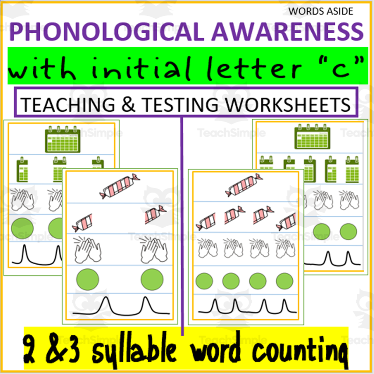An educational teaching resource from WORDS ASIDE entitled PHONOLOGICAL AWARENESS| 2&3 syllable word counting| initial letter “c” downloadable at Teach Simple.