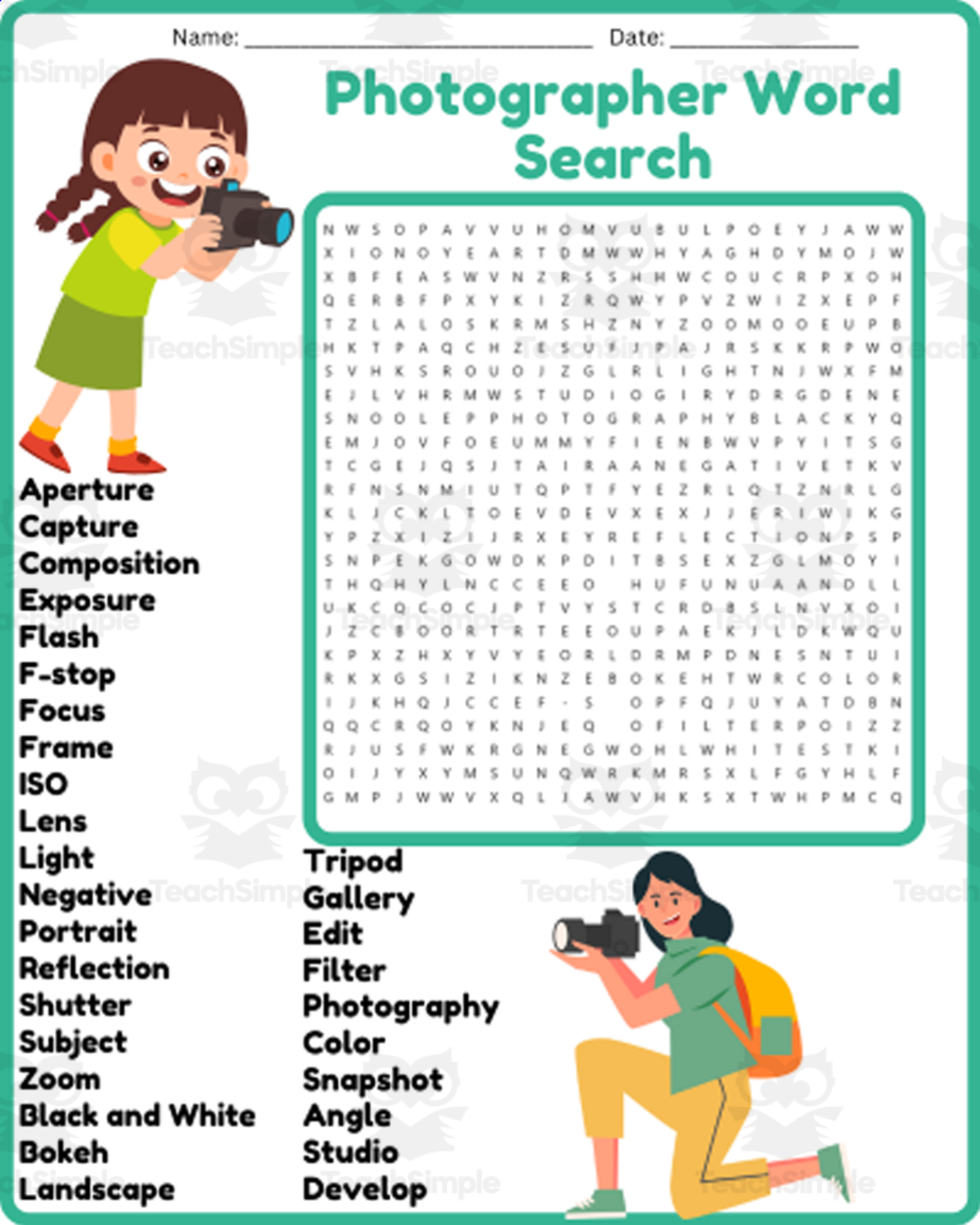 An educational teaching resource from space shope entitled Photographer Word Search Puzzle Worksheet Activities downloadable at Teach Simple.