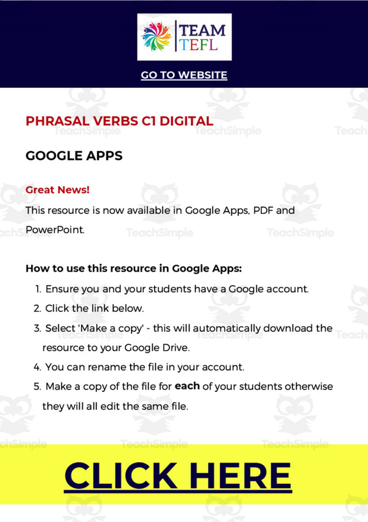 An educational teaching resource from TEAM TEFL entitled Phrasal Verbs Advanced ESL Lesson Plan downloadable at Teach Simple.
