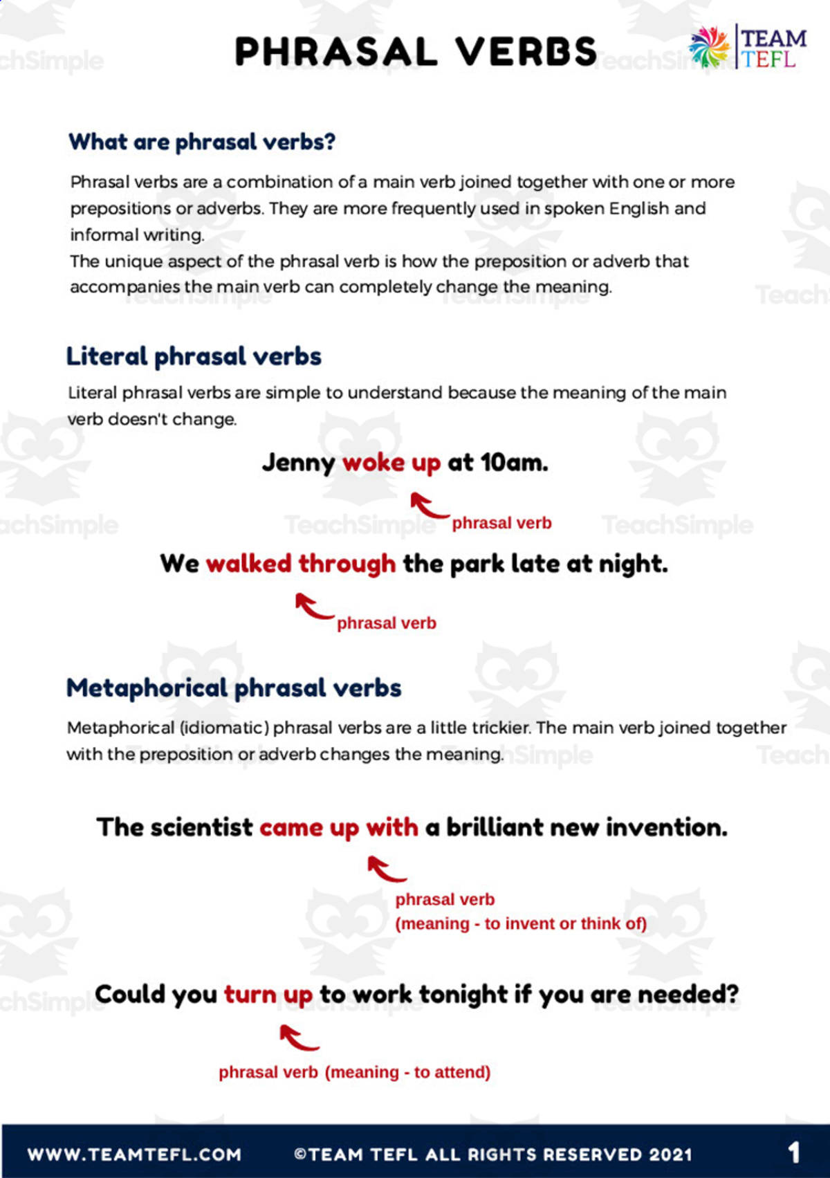 An educational teaching resource from TEAM TEFL entitled Phrasal Verbs Printable downloadable at Teach Simple.