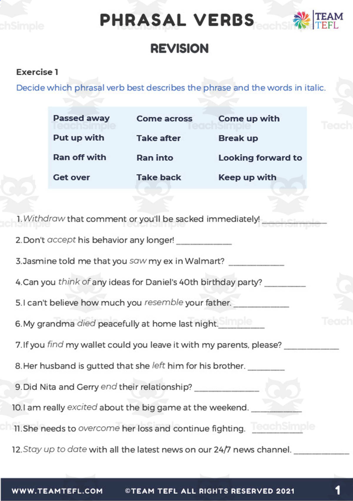 An educational teaching resource from TEAM TEFL entitled Phrasal Verbs Revisions downloadable at Teach Simple.