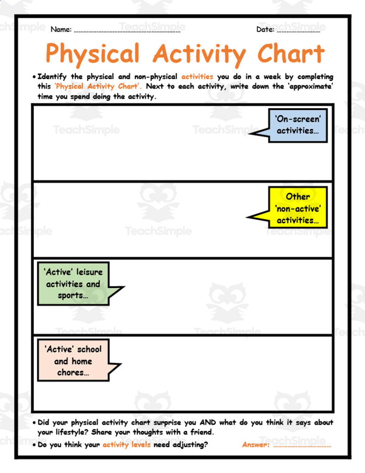 An educational teaching resource from Elementary Resources 4 U entitled Physical Activity Chart downloadable at Teach Simple.