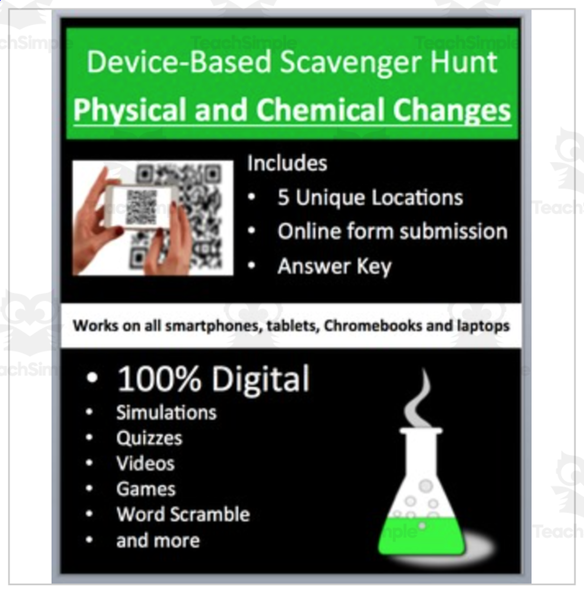 An educational teaching resource from Teach With Fergy entitled Physical and Chemical Changes – Device-Based Scavenger Hunt Activity downloadable at Teach Simple.