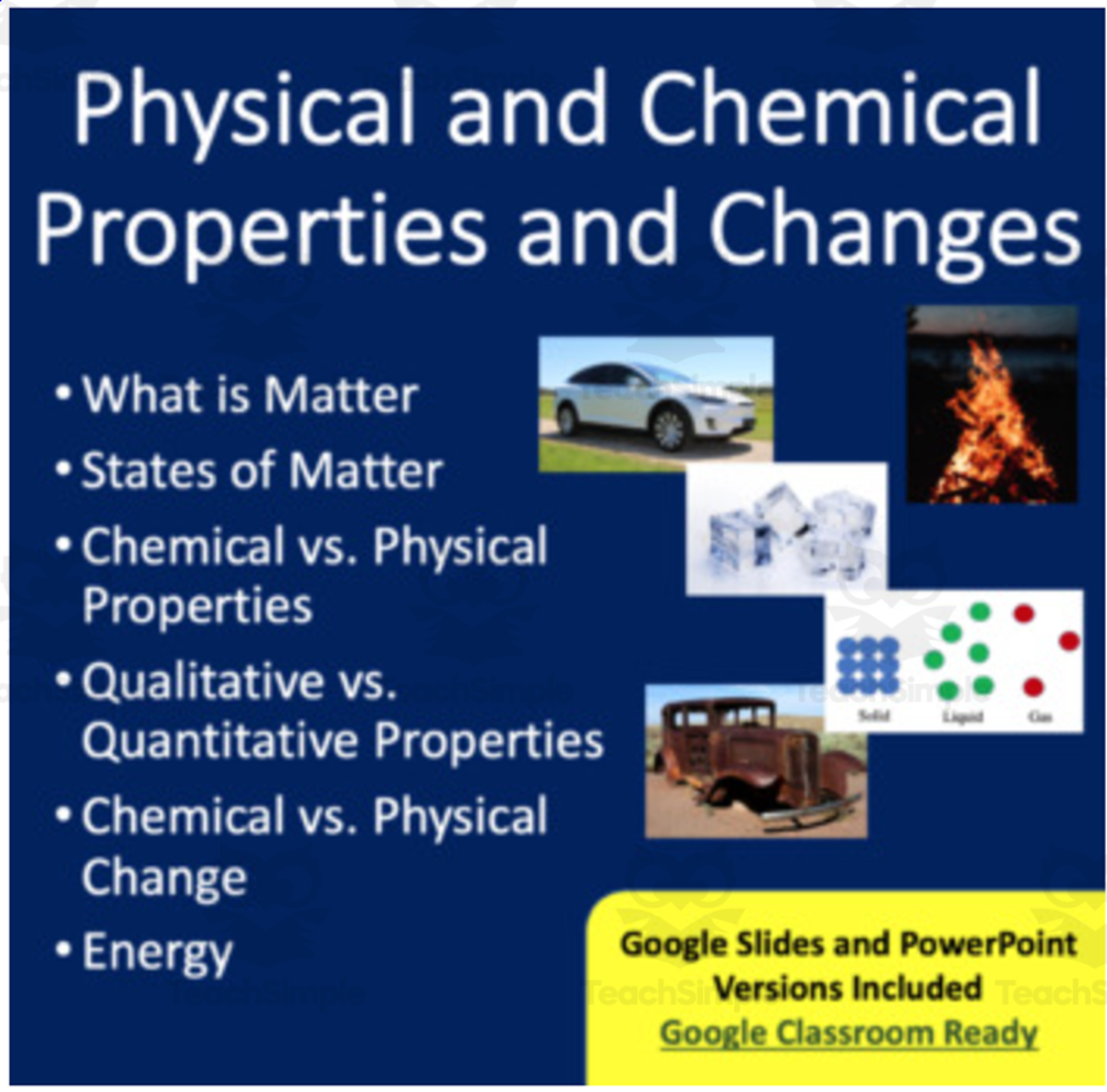 An educational teaching resource from Teach With Fergy entitled Physical and Chemical Properties and Changes-Google Slides and PowerPoint Lesson downloadable at Teach Simple.