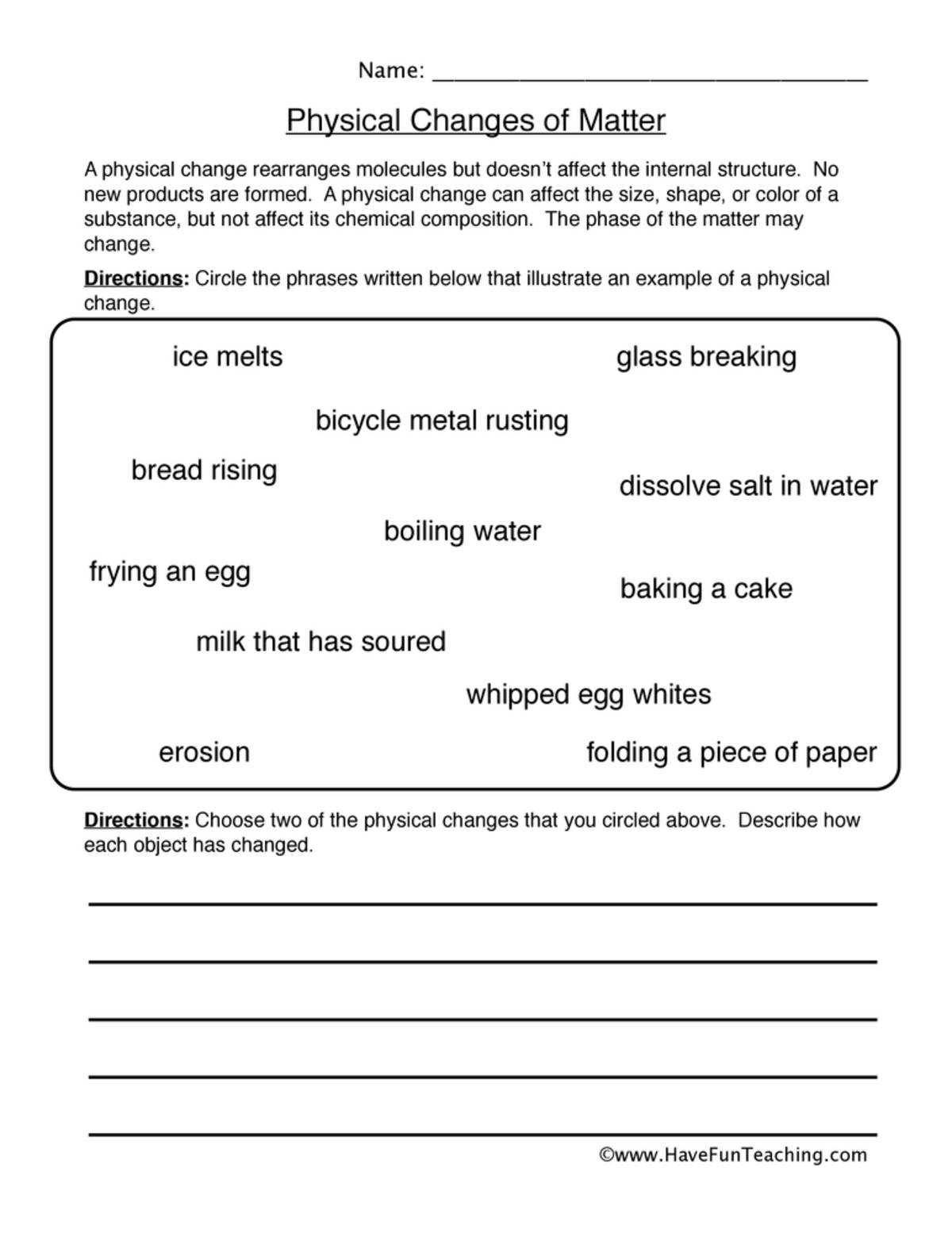 An educational teaching resource from Have Fun Teaching entitled Physical Changes Matter Worksheet downloadable at Teach Simple.