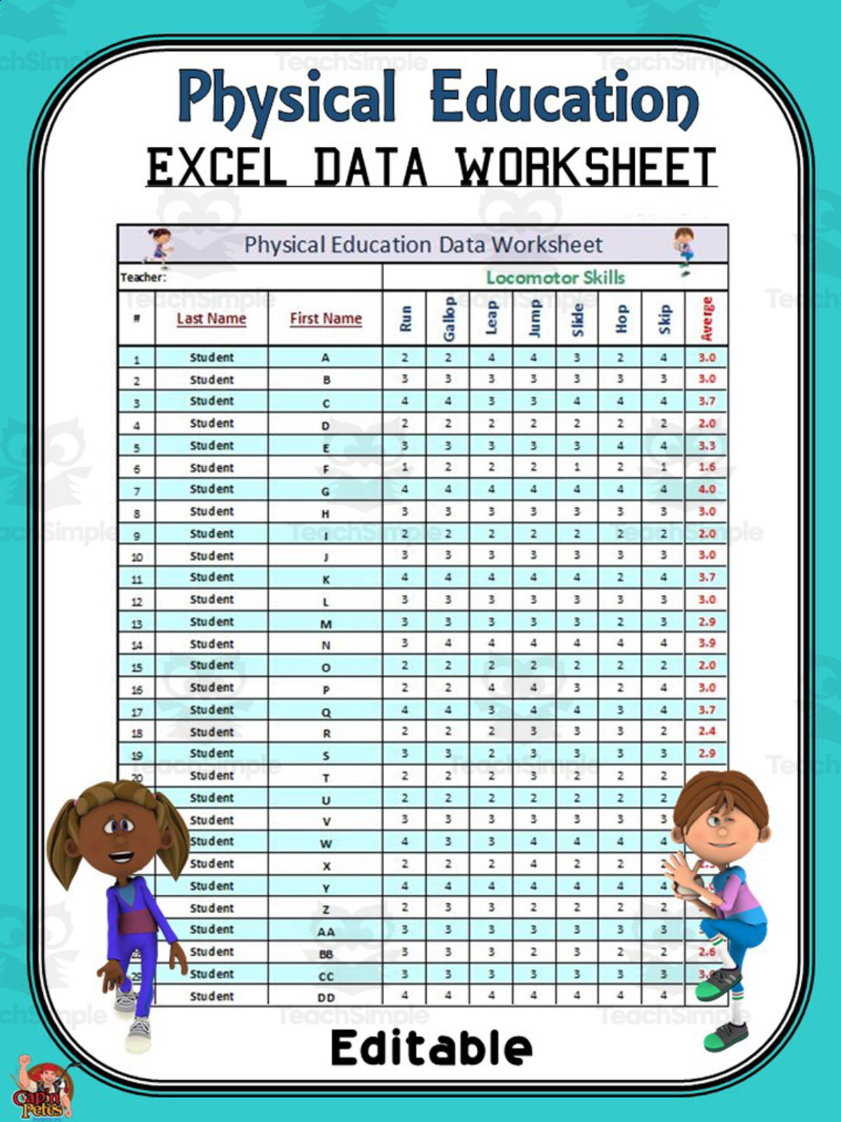 An educational teaching resource from Cap'n Pete's Power PE entitled Physical Education Data Worksheet Package downloadable at Teach Simple.