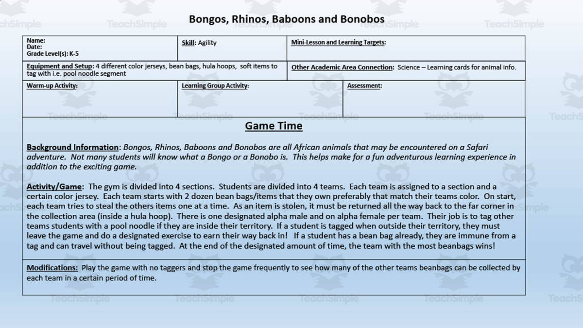 An educational teaching resource from Gems from the Gym entitled Physical Education Game: Baboon Bonanza downloadable at Teach Simple.