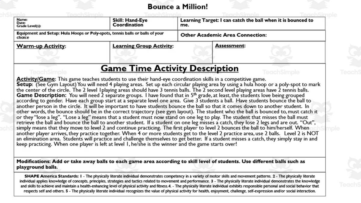 An educational teaching resource from Gems from the Gym entitled Physical Education Game: Bounce A Million! downloadable at Teach Simple.