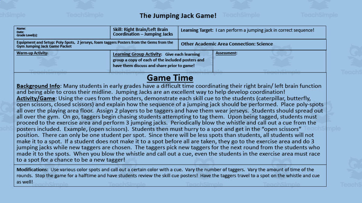 An educational teaching resource from Gems from the Gym entitled Physical Education Game: The Jumping Jack downloadable at Teach Simple.