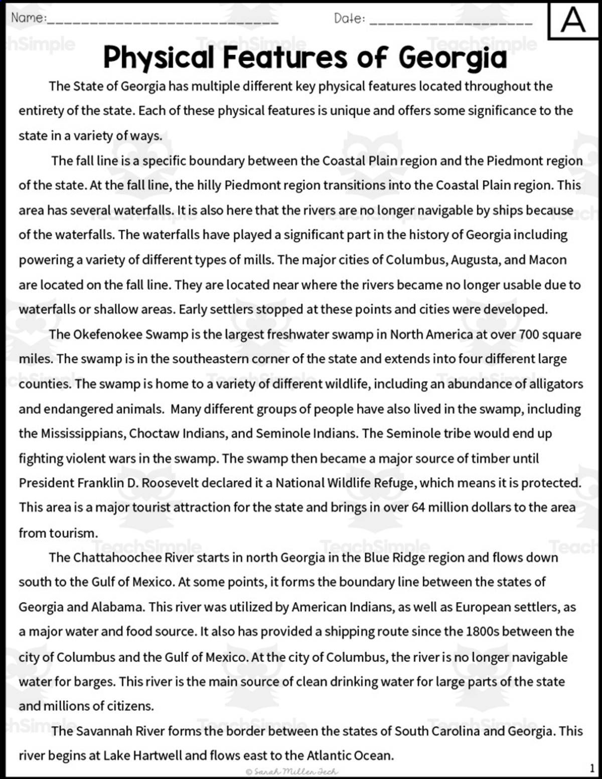 An educational teaching resource from Sarah Miller Tech entitled Physical Features of Georgia Reading Packet downloadable at Teach Simple.